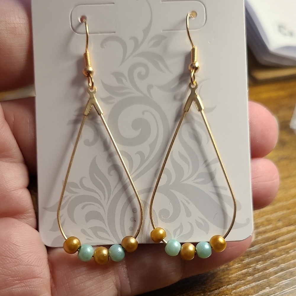 3/$10 Chic Gold and Aqua Beaded Teardrop Earrings